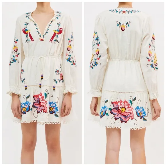 FARM Rio Macaw Cross Stitch Embroidered Mini Dress