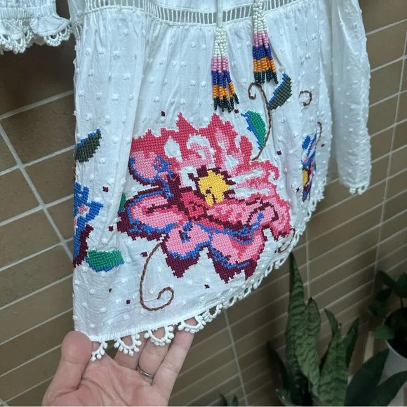 FARM Rio Macaw Cross Stitch Embroidered Mini Dress