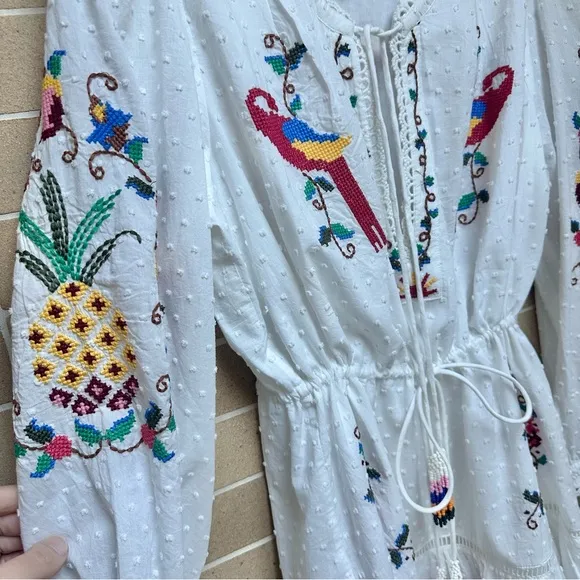 FARM Rio Macaw Cross Stitch Embroidered Mini Dress