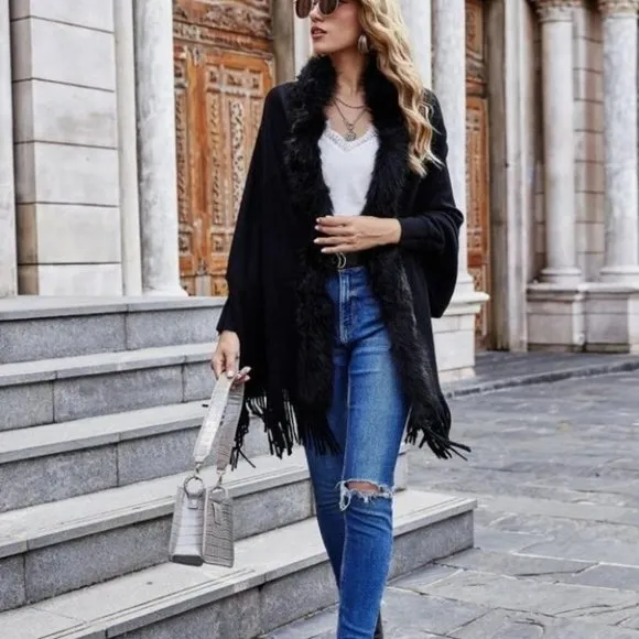 Faux fur &amp; fringe Detail Batwing Sleeved Open front Knit Sweater Cardigan Black