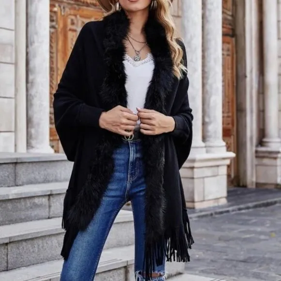 Faux fur &amp; fringe Detail Batwing Sleeved Open front Knit Sweater Cardigan Black