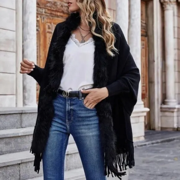 Faux fur &amp; fringe Detail Batwing Sleeved Open front Knit Sweater Cardigan Black
