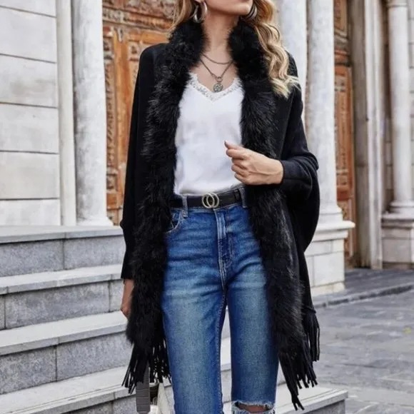 Faux fur &amp; fringe Detail Batwing Sleeved Open front Knit Sweater Cardigan Black
