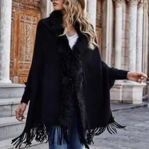 Faux fur &amp; fringe Detail Batwing Sleeved Open front Knit Sweater Cardigan Black