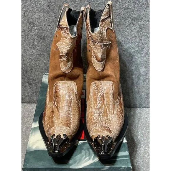 Fiesso by Aurelio Garcia Boots Mens 7 FI6054 Snakeskin Silver Tip Mid Calf Brown
