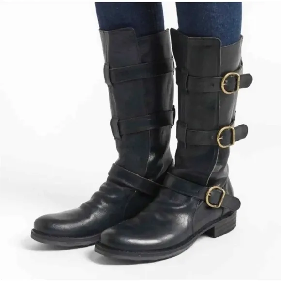 Fiorentini and Baker black mid calf size 8 leather boots with buckles.