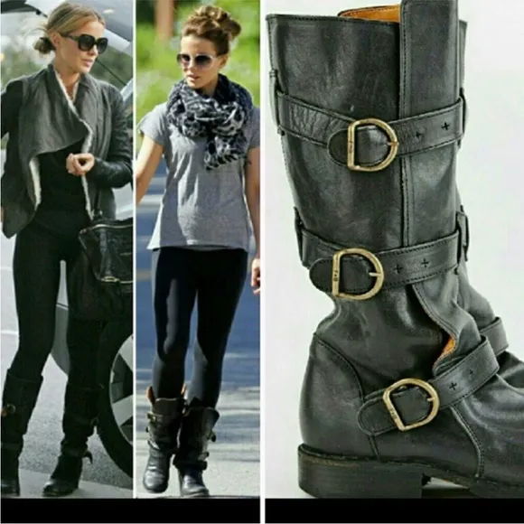 Fiorentini and Baker black mid calf size 8 leather boots with buckles.