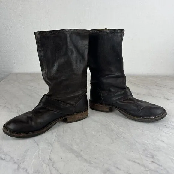 Fiorentini   Baker Boots 6 Women Brown Leather Buckle Mid Shaft Biker Italy 36