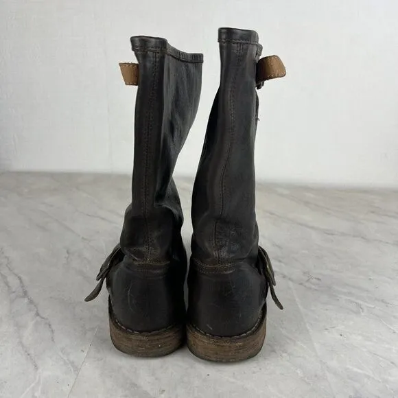 Fiorentini   Baker Boots 6 Women Brown Leather Buckle Mid Shaft Biker Italy 36
