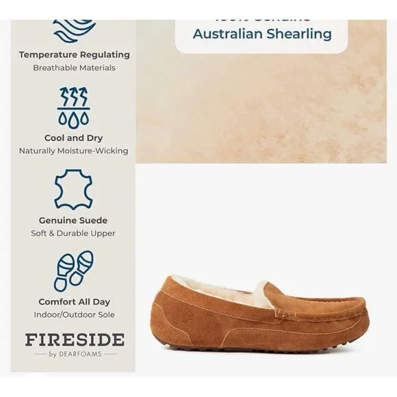 Fireside by Dearfoams Melbourne Shearling Indoor/Outdoor Moccasin Slippers Sz 9