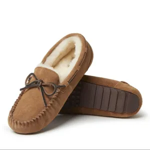 FIRESIDE MENS  DEARFOAMS GENUINE SHEARLING MOCCASIN SLIPPERS SIZE 9 CHESTNUT NEW