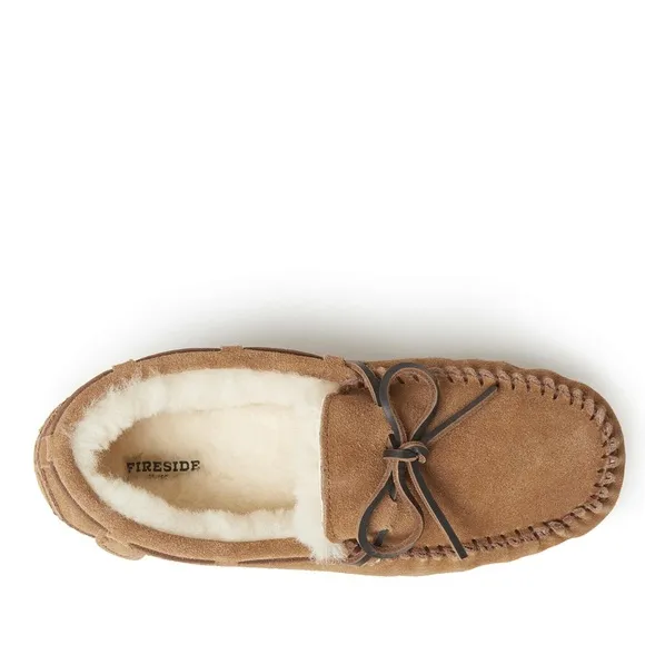 FIRESIDE MENS  DEARFOAMS GENUINE SHEARLING MOCCASIN SLIPPERS SIZE 9 CHESTNUT NEW