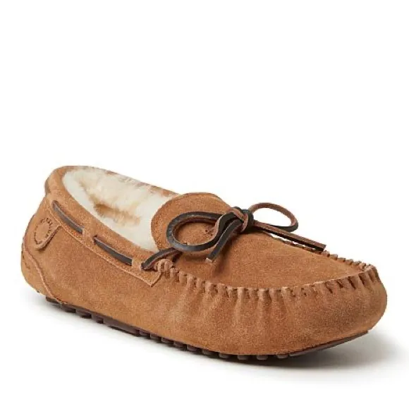 FIRESIDE MENS  DEARFOAMS GENUINE SHEARLING MOCCASIN SLIPPERS SIZE 9 CHESTNUT NEW