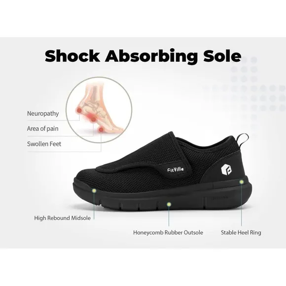 FitVille Men's EasyTop Wings Diabetic Comfort Shoes Orthopedic V2 Black 8.5EEW