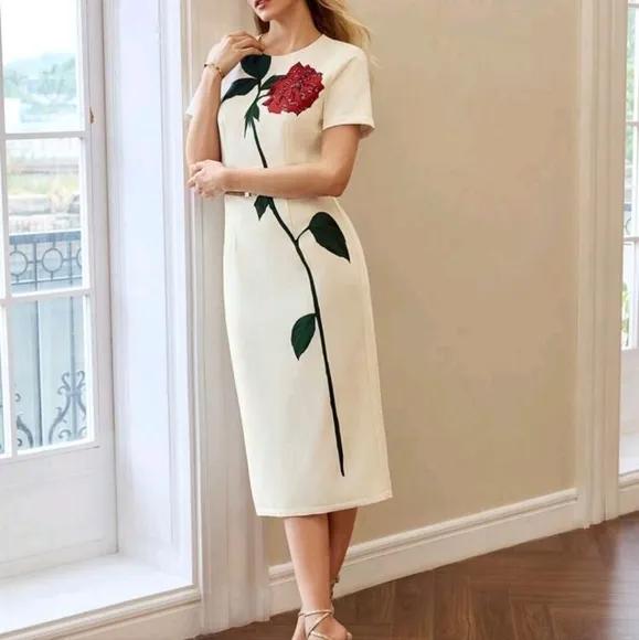 FLORAL PRINT CONTRAST SEQUIN SLIM FIT DRESS