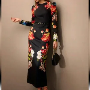 FLORAL PRINT GIGOT SLEEVE SLIM FIT DRESS WITHOUT BELT