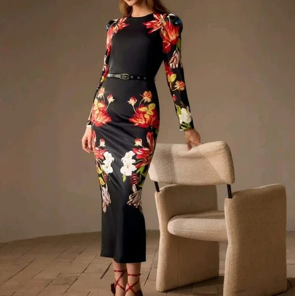 FLORAL PRINT GIGOT SLEEVE SLIM FIT DRESS WITHOUT BELT