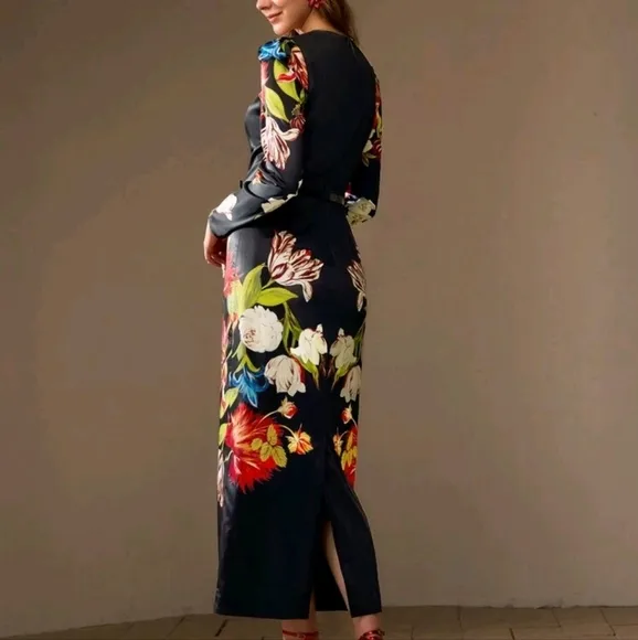 FLORAL PRINT GIGOT SLEEVE SLIM FIT DRESS WITHOUT BELT