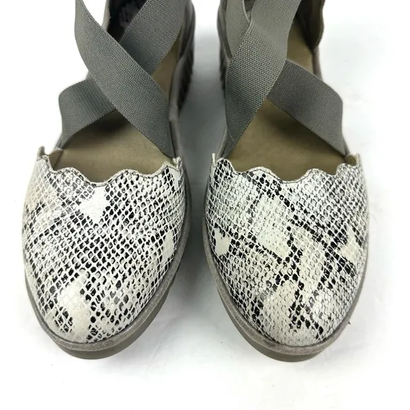 Fly London Lago Shoes 38 Gray Black Snakeskin Leather Criss Cross Ankle Strap