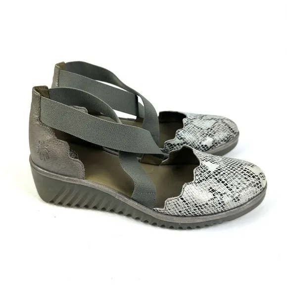 Fly London Lago Shoes 38 Gray Black Snakeskin Leather Criss Cross Ankle Strap