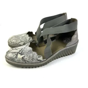 Fly London Lago Shoes 38 Gray Black Snakeskin Leather Criss Cross Ankle Strap