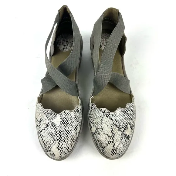 Fly London Lago Shoes 38 Gray Black Snakeskin Leather Criss Cross Ankle Strap