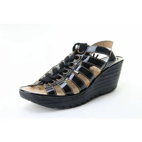 Fly London YITO Shoes Wedge Heels Womens Black Sandals Sz 40 Us 9