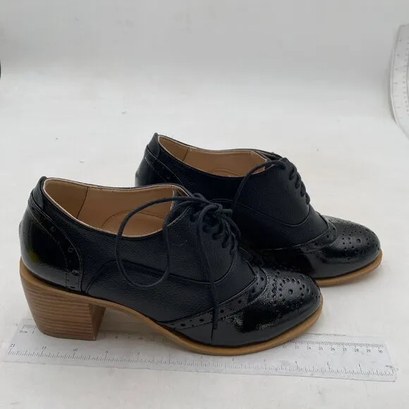 FOWT Black Perforated Lace-Up Oxfords Almond Toe Mid Chunky Heel Brogues Shoes