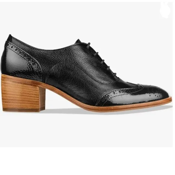 FOWT Black Perforated Lace-Up Oxfords Almond Toe Mid Chunky Heel Brogues Shoes