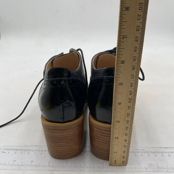 FOWT Black Perforated Lace-Up Oxfords Almond Toe Mid Chunky Heel Brogues Shoes