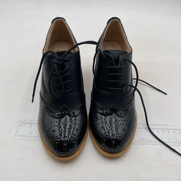 FOWT Black Perforated Lace-Up Oxfords Almond Toe Mid Chunky Heel Brogues Shoes