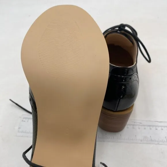 FOWT Black Perforated Lace-Up Oxfords Almond Toe Mid Chunky Heel Brogues Shoes