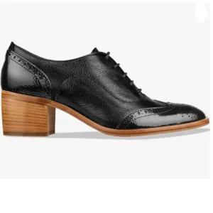 FOWT Black Perforated Lace-Up Oxfords Almond Toe Mid Chunky Heel Brogues Shoes