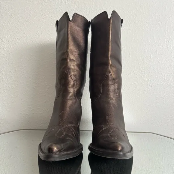FRANCO SARTO Metallic Brown Leather Western Mid Calf Pointed Toe Cowboy Boots