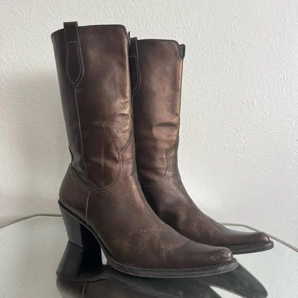 FRANCO SARTO Metallic Brown Leather Western Mid Calf Pointed Toe Cowboy Boots