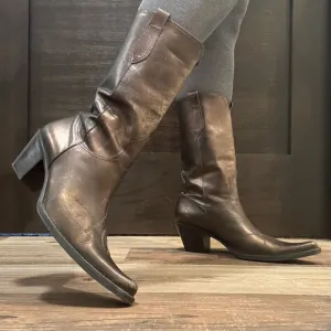 FRANCO SARTO Metallic Brown Leather Western Mid Calf Pointed Toe Cowboy Boots