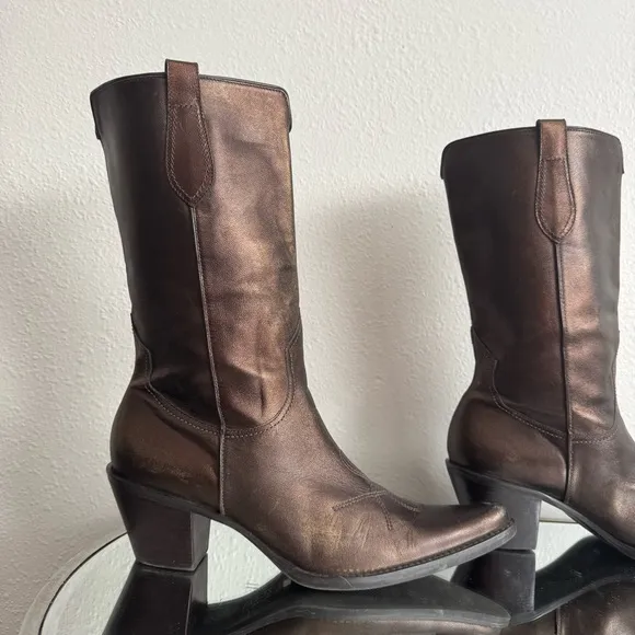 FRANCO SARTO Metallic Brown Leather Western Mid Calf Pointed Toe Cowboy Boots