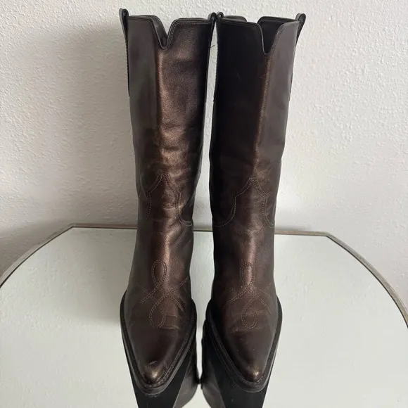 FRANCO SARTO Metallic Brown Leather Western Mid Calf Pointed Toe Cowboy Boots