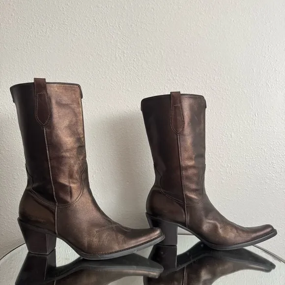 FRANCO SARTO Metallic Brown Leather Western Mid Calf Pointed Toe Cowboy Boots