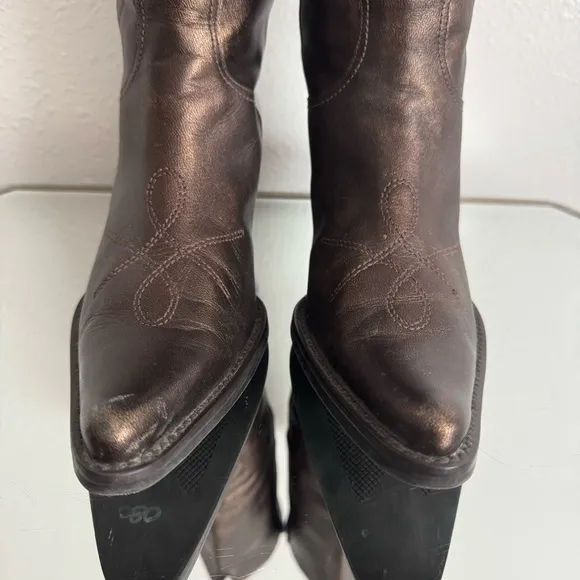 FRANCO SARTO Metallic Brown Leather Western Mid Calf Pointed Toe Cowboy Boots
