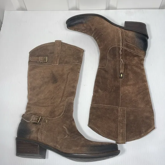 Franco Sarto Suede Cowboy Wyoming Boot Sz 10 Side Zip Western Brown Ombré Buckle