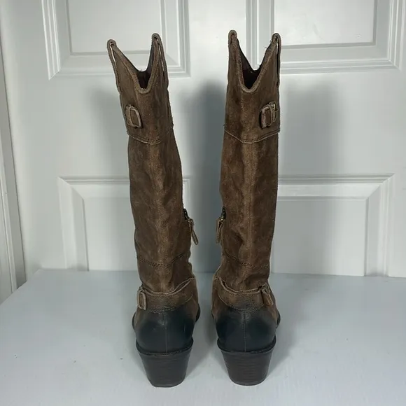 Franco Sarto Suede Cowboy Wyoming Boot Sz 10 Side Zip Western Brown Ombré Buckle