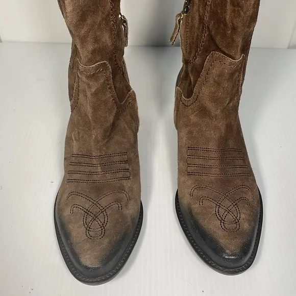 Franco Sarto Suede Cowboy Wyoming Boot Sz 10 Side Zip Western Brown Ombré Buckle