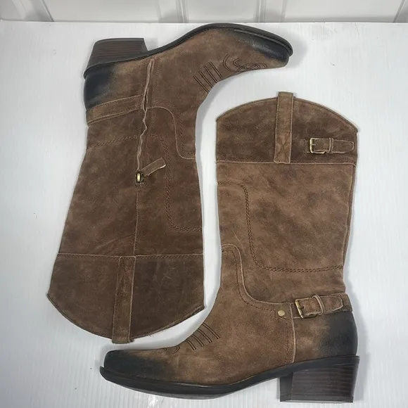 Franco Sarto Suede Cowboy Wyoming Boot Sz 10 Side Zip Western Brown Ombré Buckle