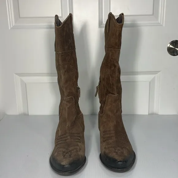 Franco Sarto Suede Cowboy Wyoming Boot Sz 10 Side Zip Western Brown Ombré Buckle