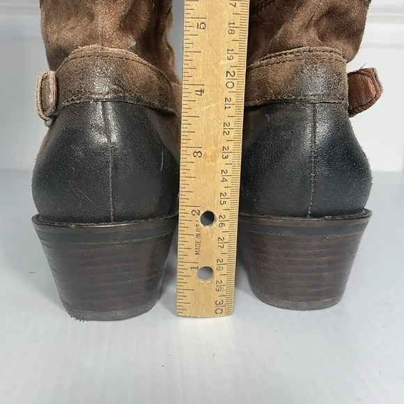 Franco Sarto Suede Cowboy Wyoming Boot Sz 10 Side Zip Western Brown Ombré Buckle