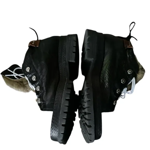 FREE PEOPLE A.S.98 Black White faux fur tongue lug suede chunky leather Shoes
