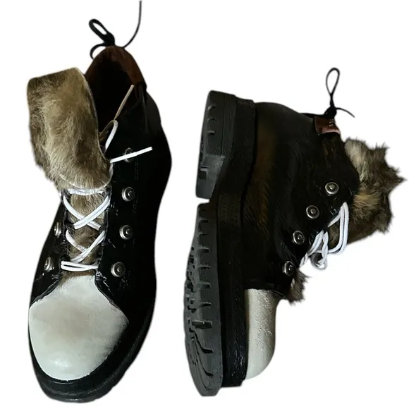 FREE PEOPLE A.S.98 Black White faux fur tongue lug suede chunky leather Shoes