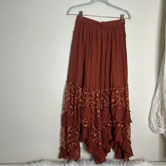 Free People Ashlyn Tiered Ruffles Lace Embroidered Maxi Skirt S