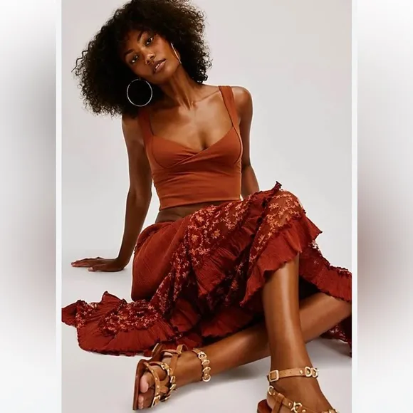 Free People Ashlyn Tiered Ruffles Lace Embroidered Maxi Skirt S